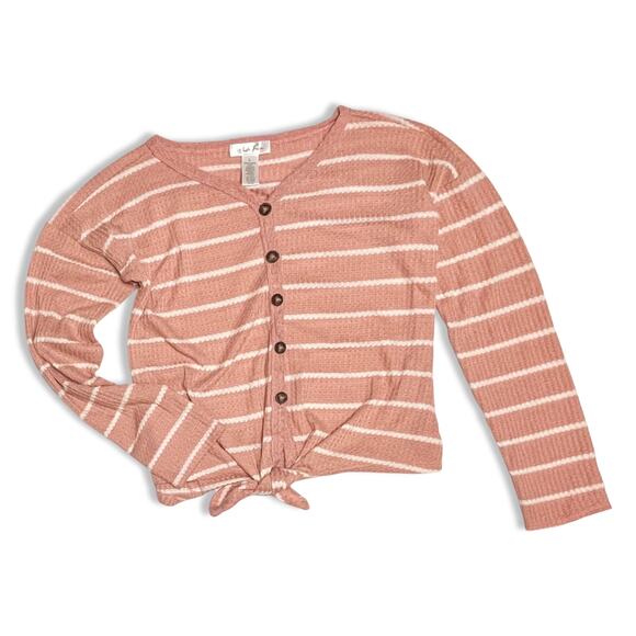 Tilly’s White Fawn Pink Waffle Knit Cropped Cardigan Junior L Tie Front - Picture 1 of 10